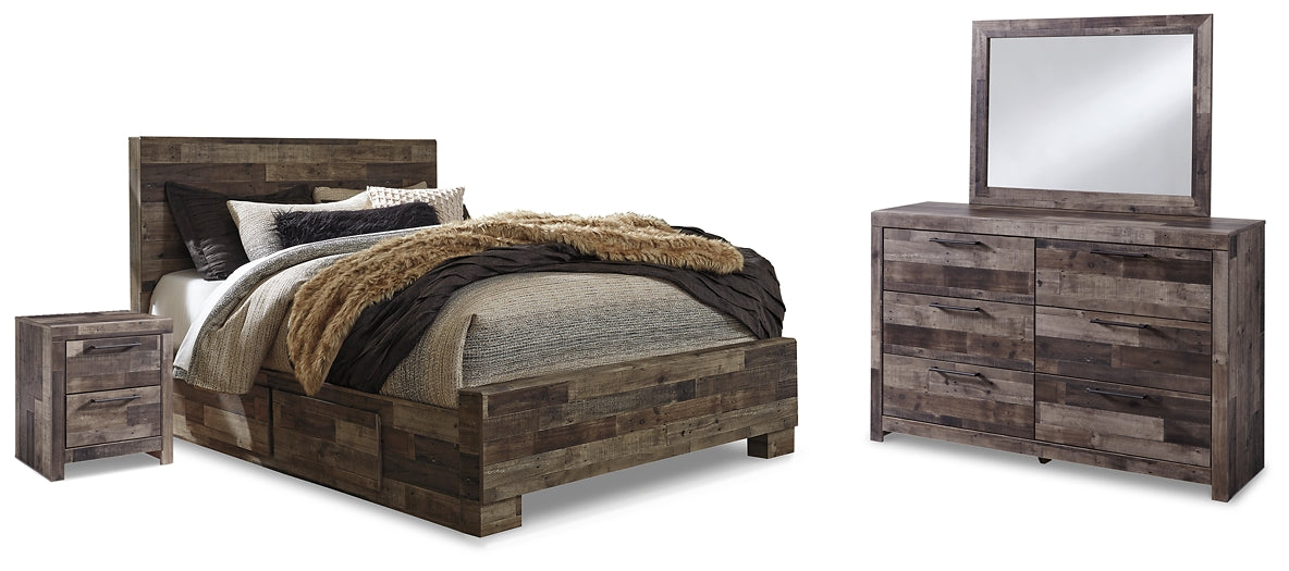 Derekson Queen Panel Bed with 2 Storage Drawers with Mirrored Dresser and 2 Nightstands Huntsville Furniture Outlet