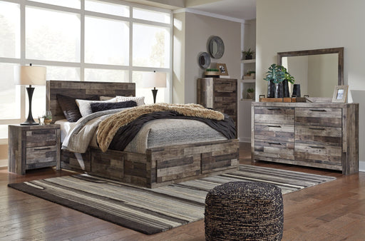 Derekson Queen Panel Bed with 4 Storage Drawers with Mirrored Dresser, Chest and Nightstand Huntsville Furniture Outlet