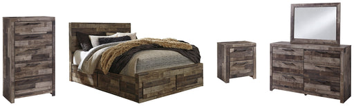 Derekson Queen Panel Bed with 4 Storage Drawers with Mirrored Dresser, Chest and Nightstand Huntsville Furniture Outlet