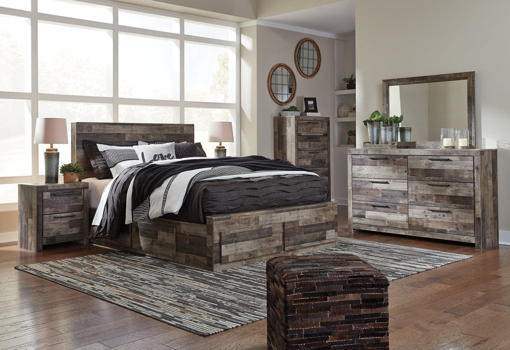 Derekson Queen Panel Bed with 4 Storage Drawers with Mirrored Dresser, Chest and Nightstand Huntsville Furniture Outlet