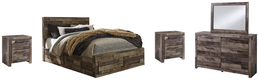 Derekson Queen Panel Bed with 4 Storage Drawers with Mirrored Dresser and 2 Nightstands Huntsville Furniture Outlet