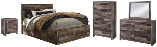 Derekson Queen Panel Bed with 6 Storage Drawers with Mirrored Dresser, Chest and Nightstand Huntsville Furniture Outlet