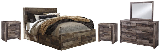 Derekson Queen Panel Bed with 6 Storage Drawers with Mirrored Dresser and 2 Nightstands Huntsville Furniture Outlet