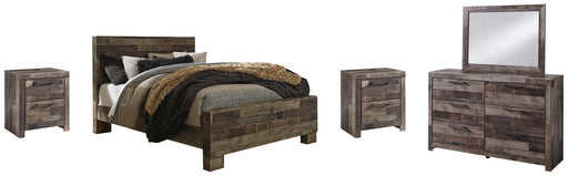 Derekson Queen Panel Bed with Mirrored Dresser and 2 Nightstands Huntsville Furniture Outlet