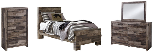 Derekson Twin Panel Bed with Mirrored Dresser and Chest Huntsville Furniture Outlet