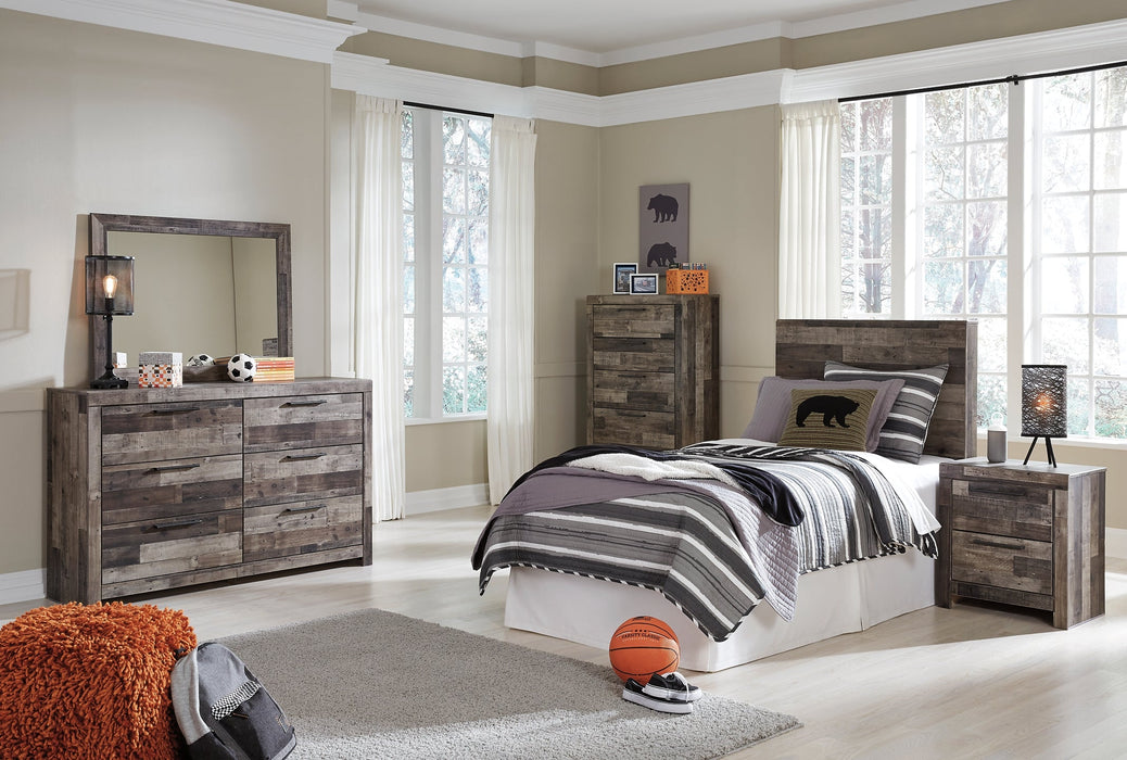 Derekson Twin Panel Headboard with Mirrored Dresser, Chest and Nightstand Huntsville Furniture Outlet