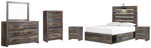 Drystan Full Panel Bed with 4 Storage Drawers with Mirrored Dresser, Chest and 2 Nightstands Huntsville Furniture Outlet