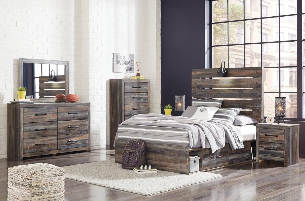 Drystan Full Panel Bed with 4 Storage Drawers with Mirrored Dresser, Chest and 2 Nightstands Huntsville Furniture Outlet