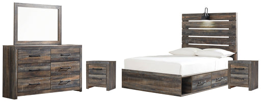 Drystan Full Panel Bed with 4 Storage Drawers with Mirrored Dresser and 2 Nightstands Huntsville Furniture Outlet