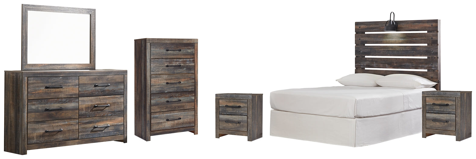 Drystan Full Panel Headboard with Mirrored Dresser, Chest and 2 Nightstands Huntsville Furniture Outlet