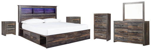 Drystan King Bookcase Bed with 2 Storage Drawers with Mirrored Dresser, Chest and 2 Nightstands Huntsville Furniture Outlet