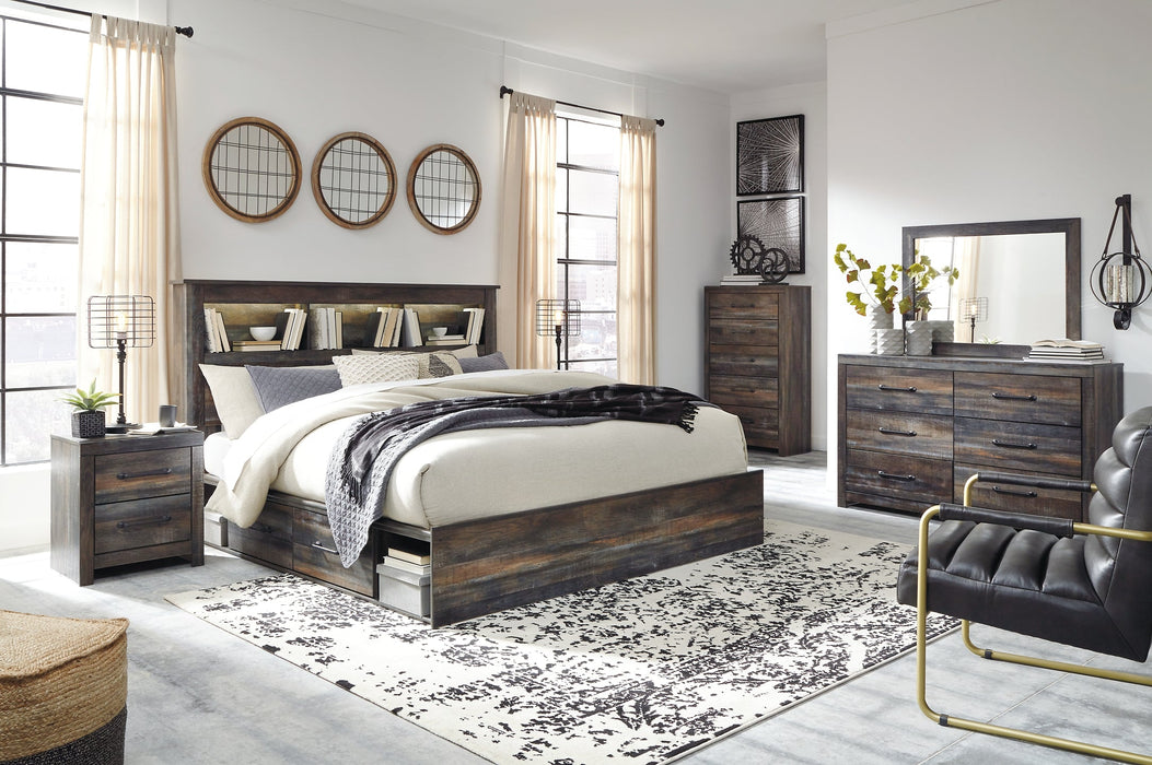 Drystan King Bookcase Bed with 2 Storage Drawers with Mirrored Dresser, Chest and 2 Nightstands Huntsville Furniture Outlet