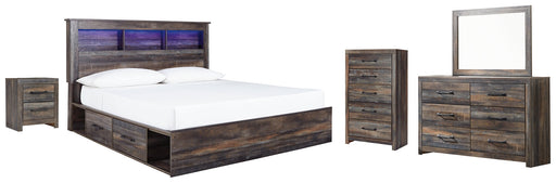 Drystan King Bookcase Bed with 2 Storage Drawers with Mirrored Dresser, Chest and Nightstand Huntsville Furniture Outlet