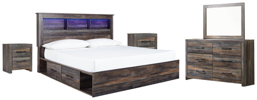 Drystan King Bookcase Bed with 2 Storage Drawers with Mirrored Dresser and 2 Nightstands Huntsville Furniture Outlet