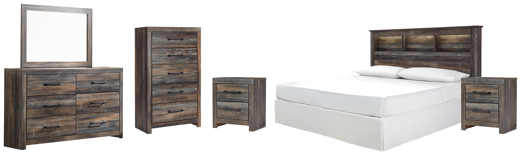 Drystan King/California King Bookcase Headboard with Mirrored Dresser, Chest and 2 Nightstands Huntsville Furniture Outlet