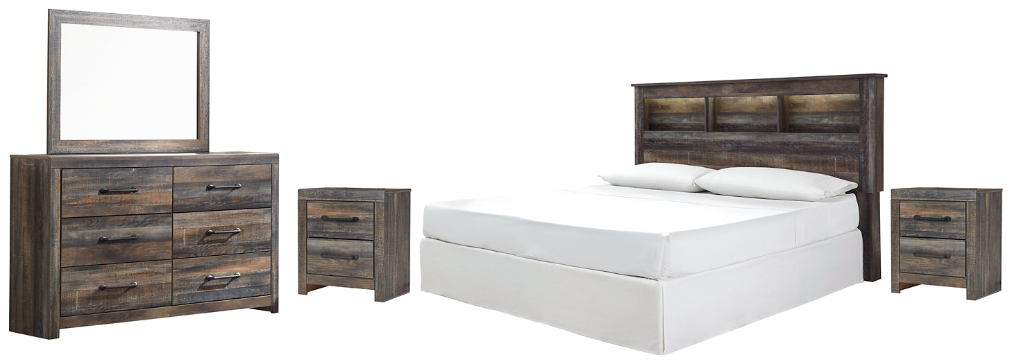 Drystan King/California King Bookcase Headboard with Mirrored Dresser and 2 Nightstands Huntsville Furniture Outlet