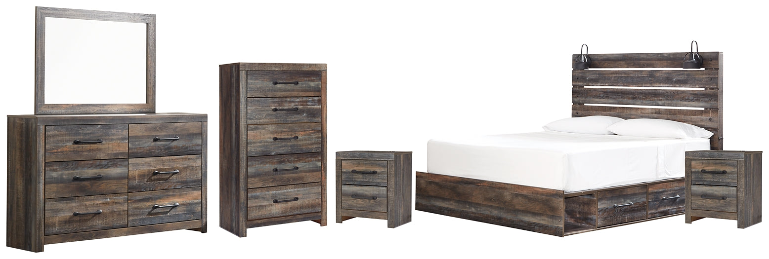 Drystan King Panel Bed with 2 Storage Drawers with Mirrored Dresser, Chest and 2 Nightstands Huntsville Furniture Outlet