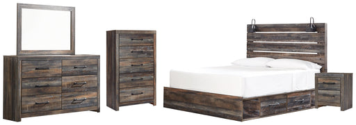 Drystan King Panel Bed with 2 Storage Drawers with Mirrored Dresser, Chest and Nightstand Huntsville Furniture Outlet