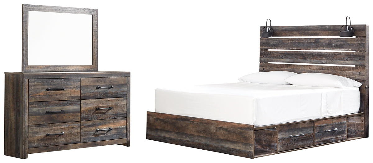 Drystan King Panel Bed with 2 Storage Drawers with Mirrored Dresser Huntsville Furniture Outlet