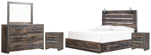 Drystan King Panel Bed with 2 Storage Drawers with Mirrored Dresser and 2 Nightstands Huntsville Furniture Outlet