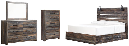 Drystan King Panel Bed with 2 Storage Drawers with Mirrored Dresser and Chest Huntsville Furniture Outlet