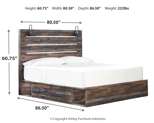 Drystan King Panel Bed with 2 Storage Drawers with Mirrored Dresser and Nightstand Huntsville Furniture Outlet