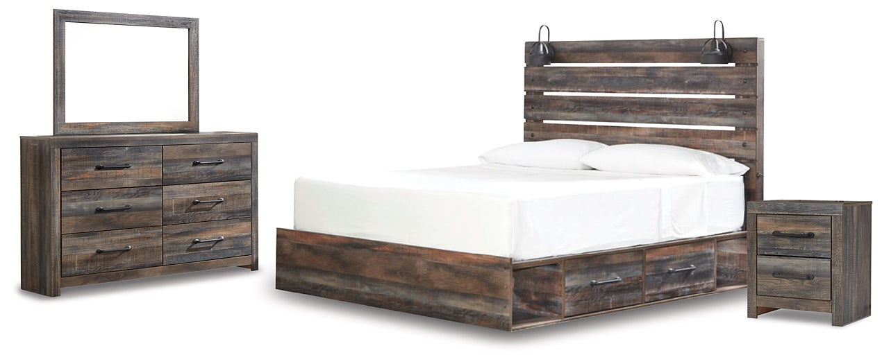 Drystan King Panel Bed with 2 Storage Drawers with Mirrored Dresser and Nightstand Huntsville Furniture Outlet