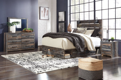 Drystan King Panel Bed with 2 Storage Drawers with Mirrored Dresser and Nightstand Huntsville Furniture Outlet