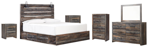 Drystan King Panel Bed with 4 Storage Drawers with Mirrored Dresser, Chest and 2 Nightstands Huntsville Furniture Outlet