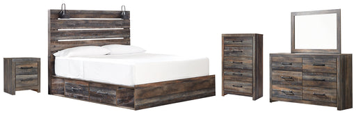 Drystan King Panel Bed with 4 Storage Drawers with Mirrored Dresser, Chest and Nightstand Huntsville Furniture Outlet