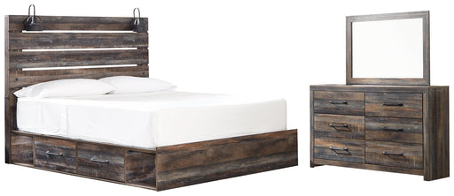 Drystan King Panel Bed with 4 Storage Drawers with Mirrored Dresser Huntsville Furniture Outlet