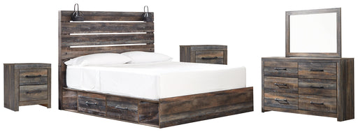 Drystan King Panel Bed with 4 Storage Drawers with Mirrored Dresser and 2 Nightstands Huntsville Furniture Outlet