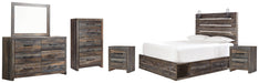 Drystan King Panel Bed with Mirrored Dresser, Chest and 2 Nightstands Huntsville Furniture Outlet