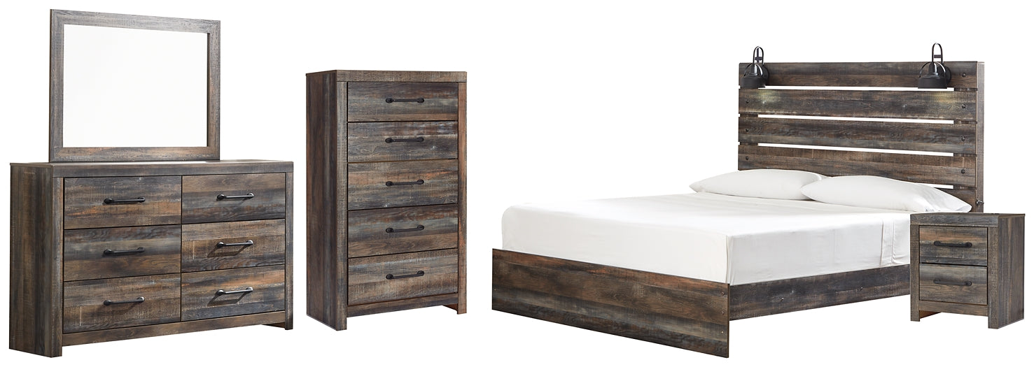 Drystan King Panel Bed with Mirrored Dresser, Chest and Nightstand Huntsville Furniture Outlet