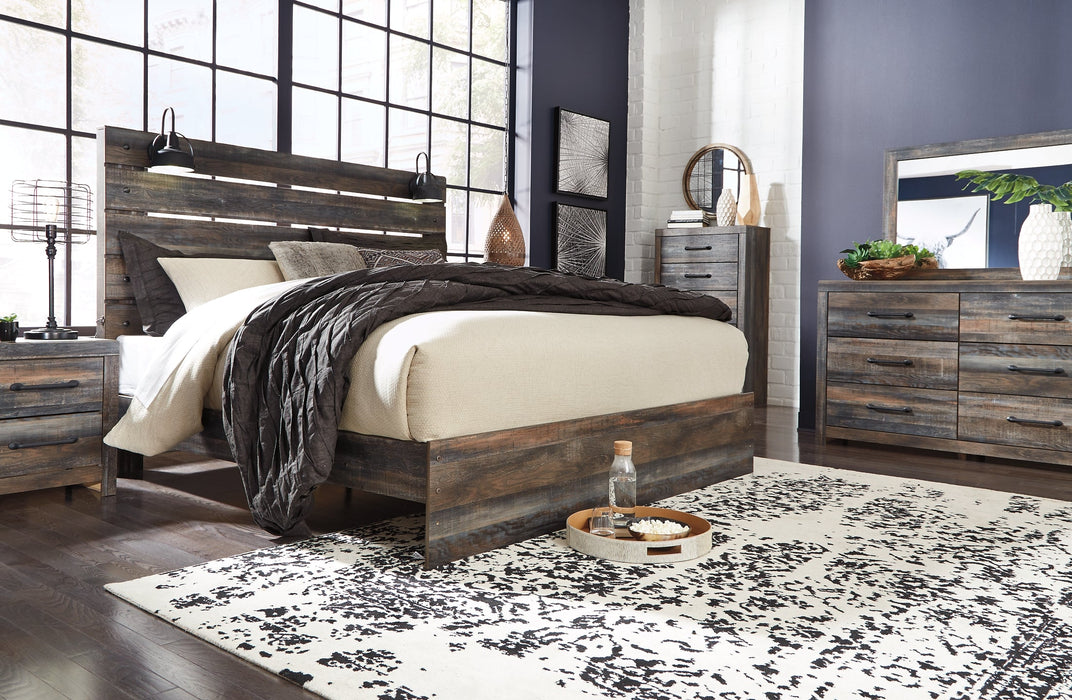 Drystan King Panel Bed with Mirrored Dresser, Chest and Nightstand Huntsville Furniture Outlet