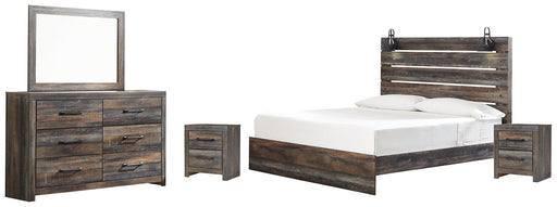 Drystan King Panel Bed with Mirrored Dresser and 2 Nightstands Huntsville Furniture Outlet