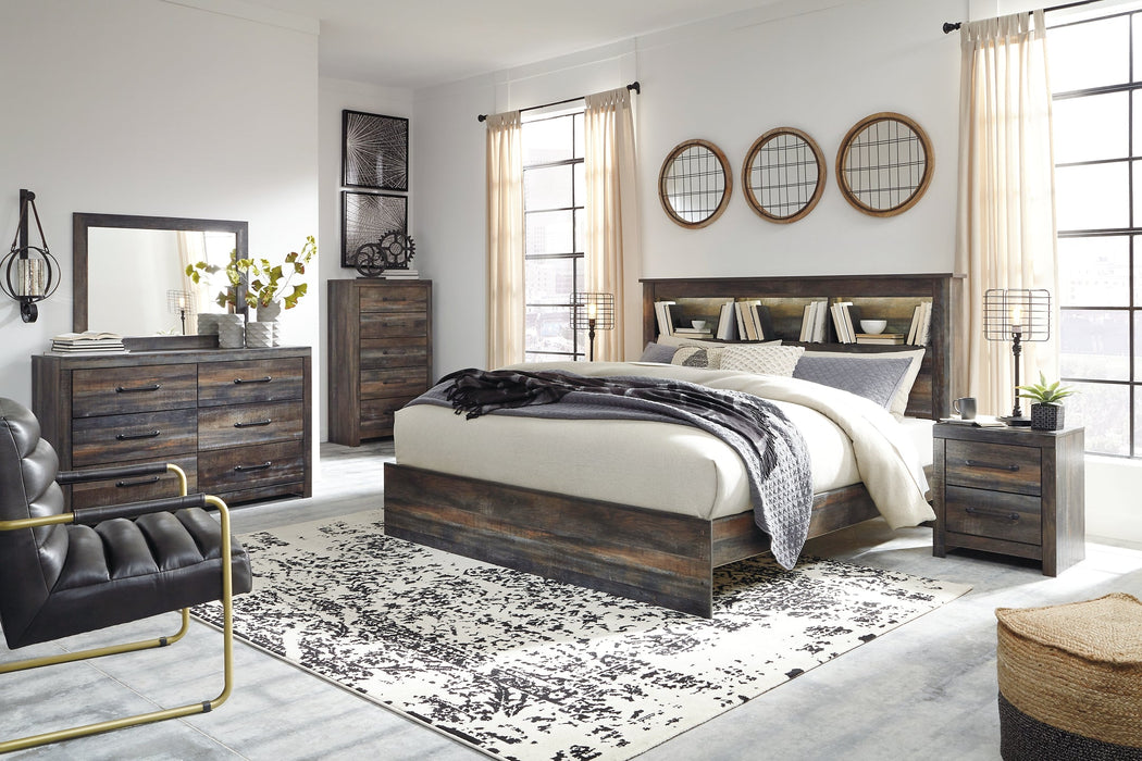 Drystan King Panel Bookcase Bed with Mirrored Dresser, Chest and Nightstand Huntsville Furniture Outlet