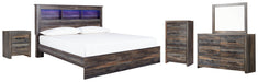 Drystan King Panel Bookcase Bed with Mirrored Dresser, Chest and Nightstand Huntsville Furniture Outlet