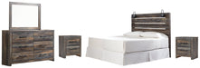 Drystan King Panel Headboard with Mirrored Dresser and 2 Nightstands Huntsville Furniture Outlet