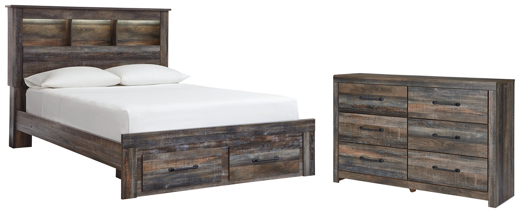 Drystan Queen Bookcase Bed with 2 Storage Drawers with Dresser Huntsville Furniture Outlet