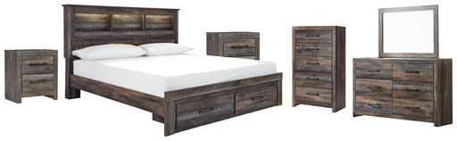 Drystan Queen Bookcase Bed with 2 Storage Drawers with Mirrored Dresser, Chest and 2 Nightstands Huntsville Furniture Outlet