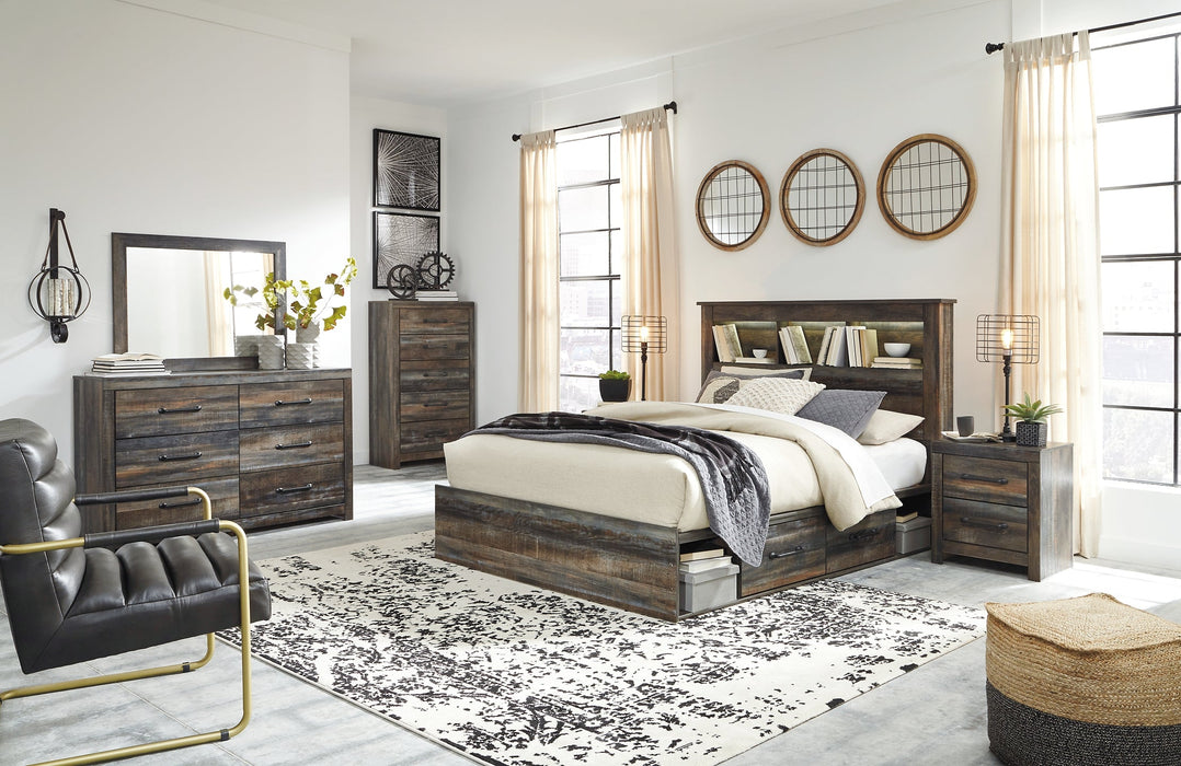 Drystan Queen Bookcase Bed with 2 Storage Drawers with Mirrored Dresser, Chest and 2 Nightstands Huntsville Furniture Outlet