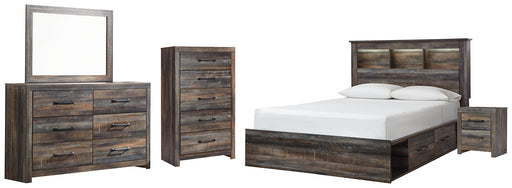 Drystan Queen Bookcase Bed with 2 Storage Drawers with Mirrored Dresser, Chest and Nightstand Huntsville Furniture Outlet