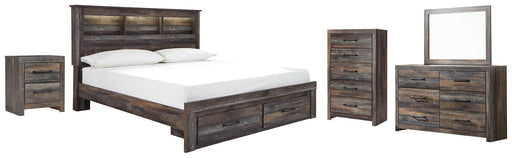 Drystan Queen Bookcase Bed with 2 Storage Drawers with Mirrored Dresser, Chest and Nightstand Huntsville Furniture Outlet