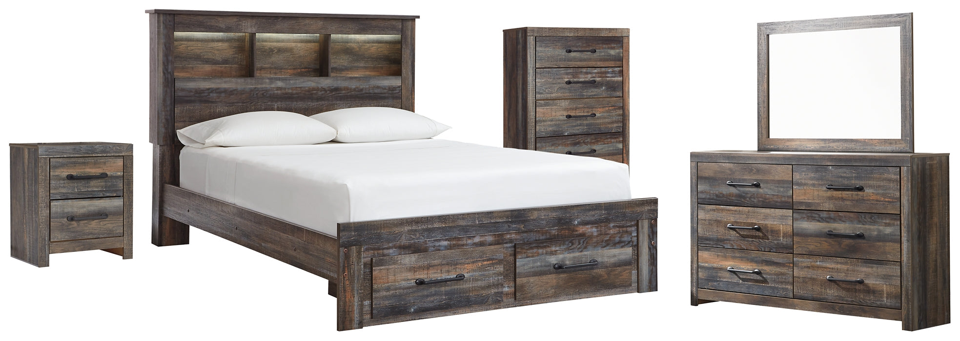 Drystan Queen Bookcase Bed with 2 Storage Drawers with Mirrored Dresser, Chest and Nightstand Huntsville Furniture Outlet