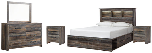 Drystan Queen Bookcase Bed with 2 Storage Drawers with Mirrored Dresser and 2 Nightstands Huntsville Furniture Outlet