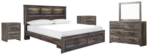 Drystan Queen Bookcase Bed with 2 Storage Drawers with Mirrored Dresser and 2 Nightstands Huntsville Furniture Outlet