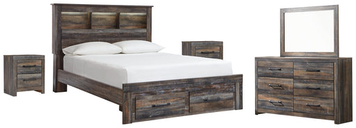 Drystan Queen Bookcase Bed with 2 Storage Drawers with Mirrored Dresser and 2 Nightstands Huntsville Furniture Outlet