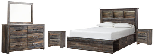 Drystan Queen Bookcase Bed with 4 Storage Drawers with Mirrored Dresser and 2 Nightstands Huntsville Furniture Outlet