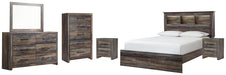 Drystan Queen Bookcase Bed with Mirrored Dresser, Chest and 2 Nightstands Huntsville Furniture Outlet